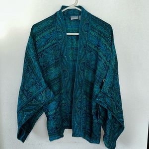 CHICO'S Teal Paisley Brocade Kimono Beaded Wool Blend Open Blazer Size S